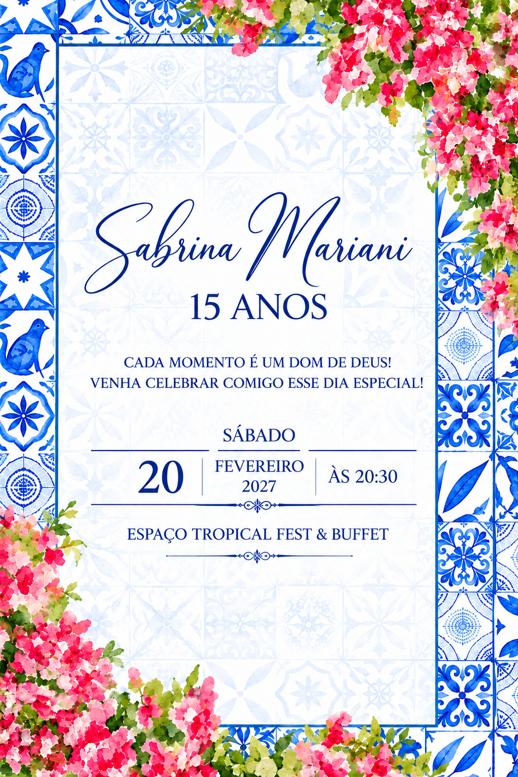 Convite de 15 anos de Sabrina Mariani. Sábado, 20 de fevereiro de 2027, às 20h30, Espaço Tropical Fest & Buffet.